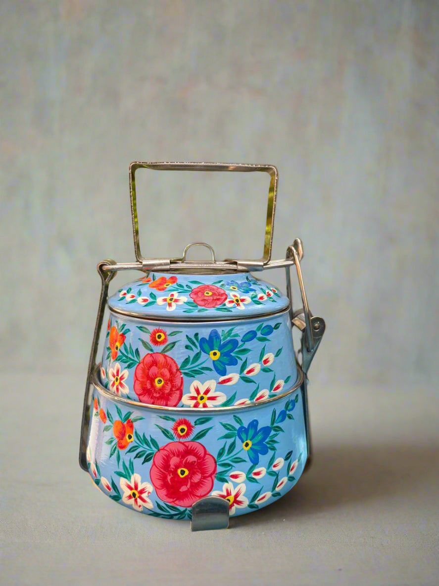 Hand-Painted 2-Tier Stainless Steel Lunch Box – Blue Floral Design Eco-Friendly & Artistic Food Carrier