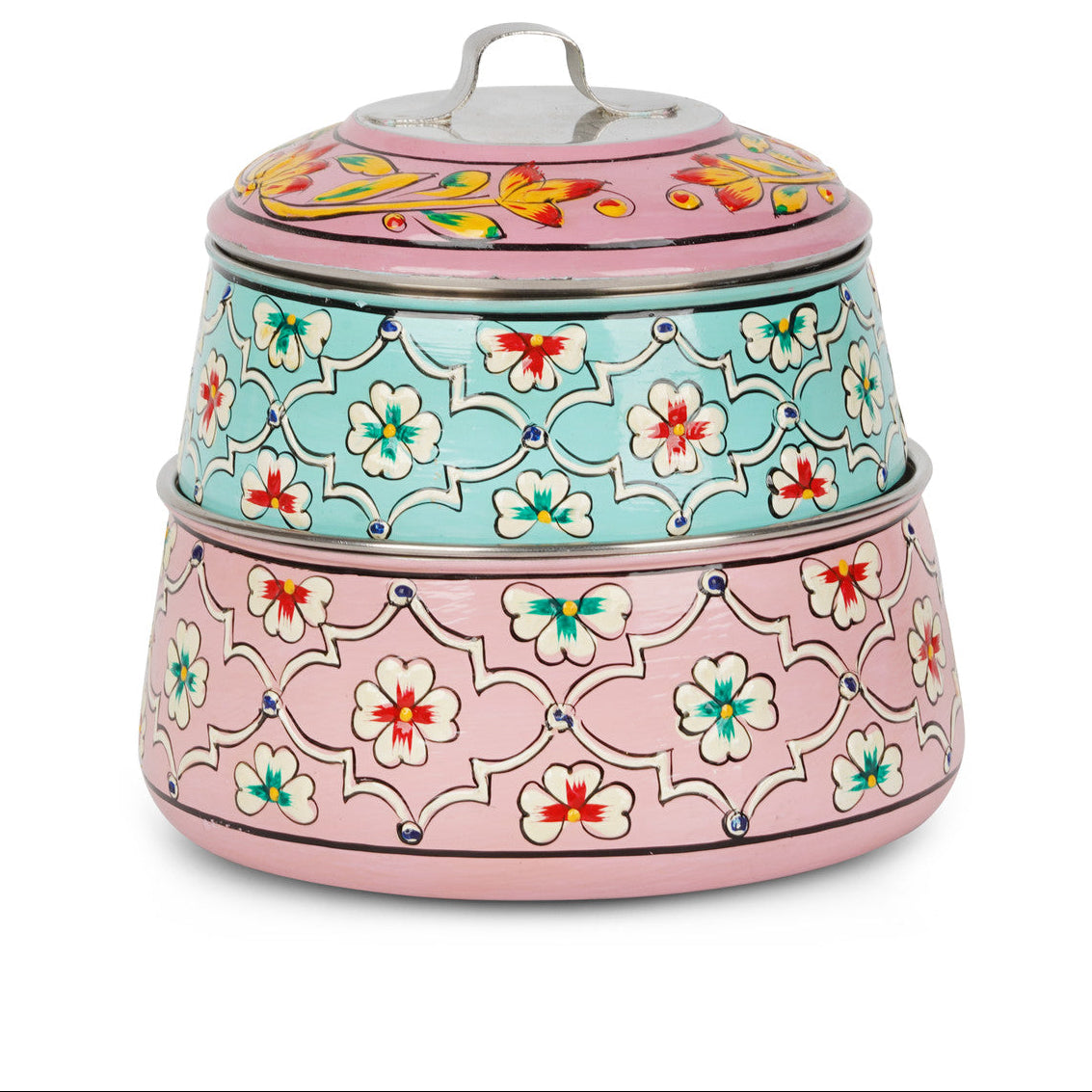Hand-Painted 2-Tier Stainless Steel Lunch Box – pink Floral Design Eco-Friendly & Artistic Food Carrier