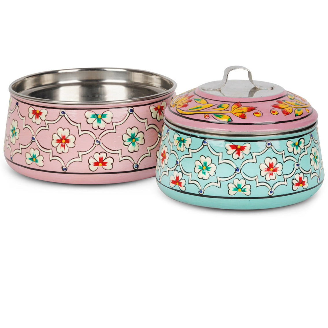 Hand-Painted 2-Tier Stainless Steel Lunch Box – pink Floral Design Eco-Friendly & Artistic Food Carrier
