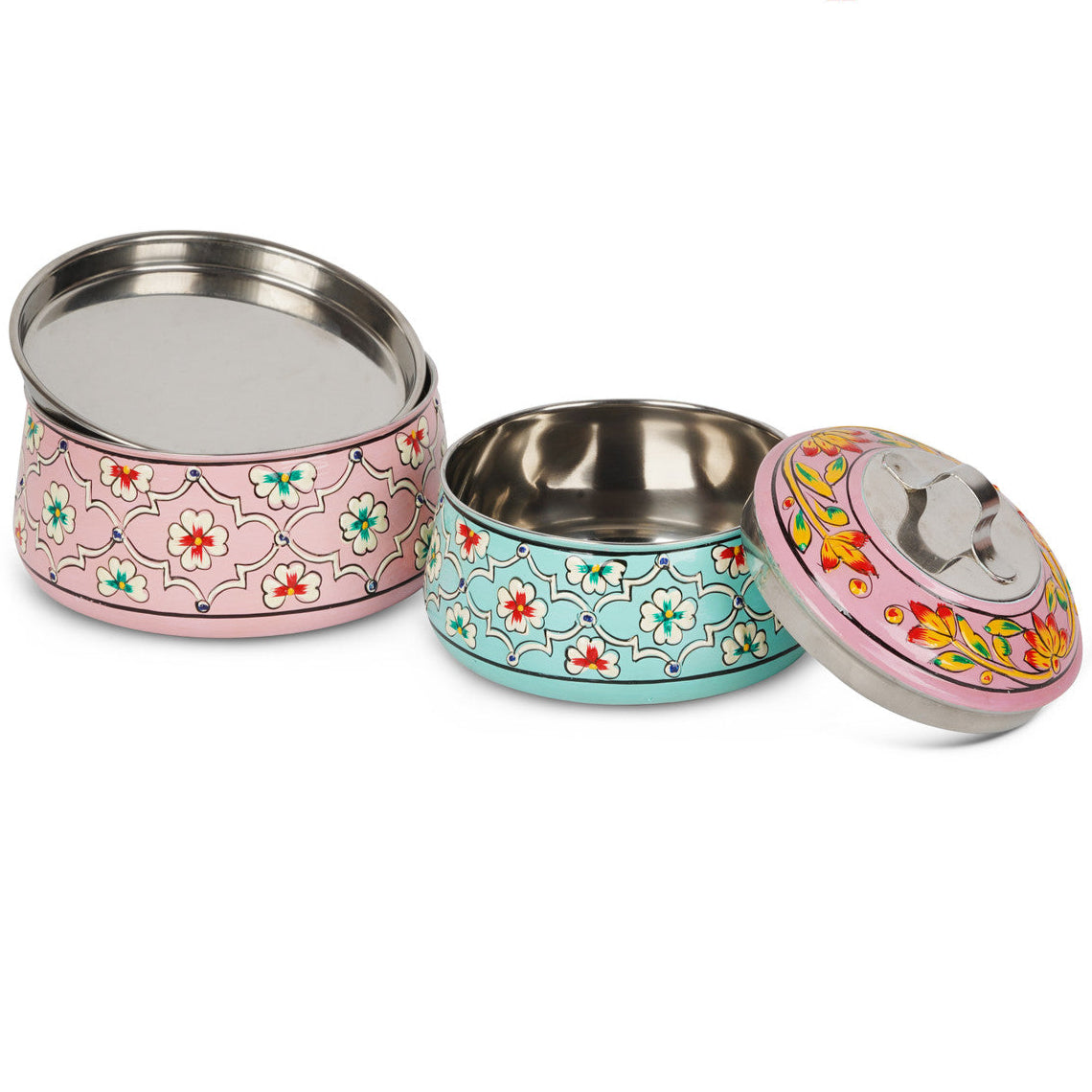 Hand-Painted 2-Tier Stainless Steel Lunch Box – pink Floral Design Eco-Friendly & Artistic Food Carrier