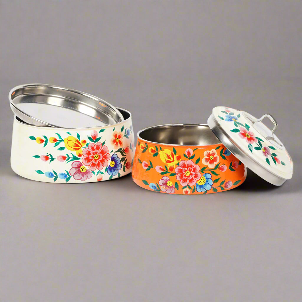 Hand-Painted 2-Tier Stainless Steel Lunch Box – dual color Floral Design Eco-Friendly & Artistic Food Carrier