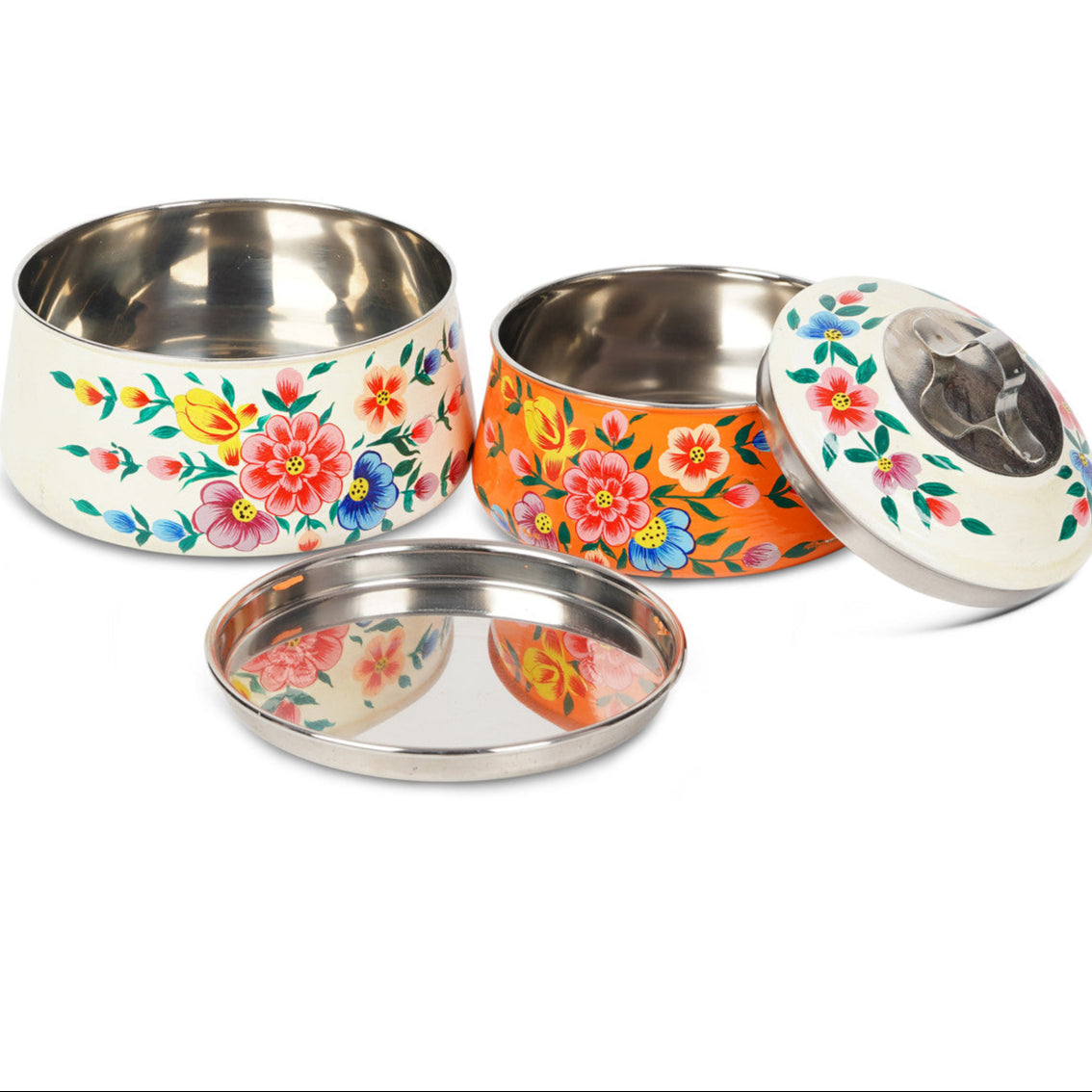 Hand-Painted 2-Tier Stainless Steel Lunch Box – dual color Floral Design Eco-Friendly & Artistic Food Carrier