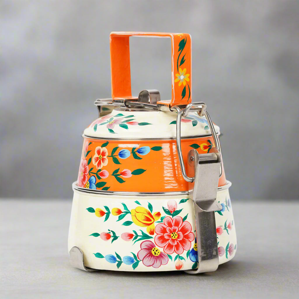 Hand-Painted 2-Tier Stainless Steel Lunch Box – dual color Floral Design Eco-Friendly & Artistic Food Carrier