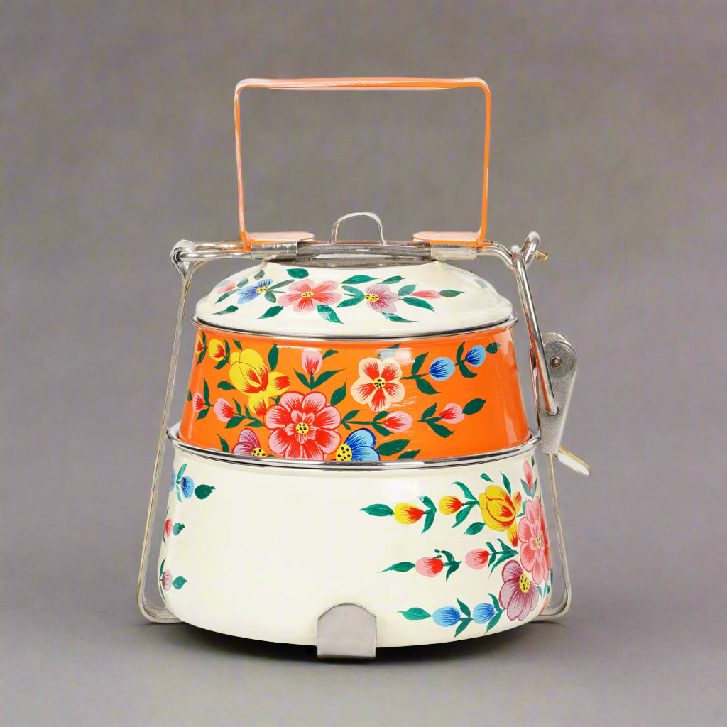 Hand-Painted 2-Tier Stainless Steel Lunch Box – dual color Floral Design Eco-Friendly & Artistic Food Carrier