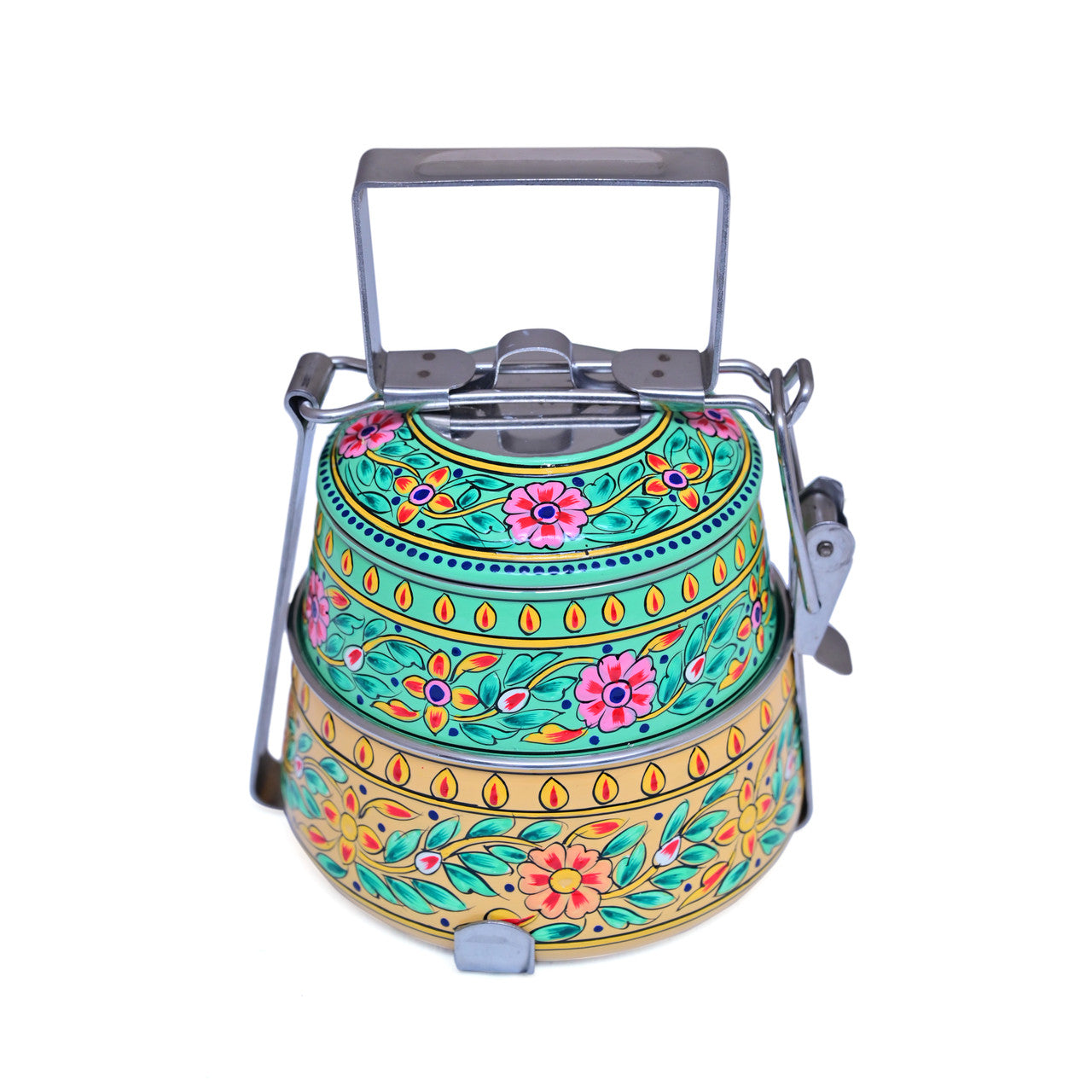 Hand-Painted 2-Tier Stainless Steel Lunch Box – multicolor Floral Design Eco-Friendly & Artistic Food Carrier