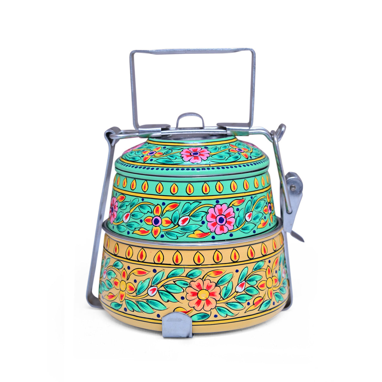 Hand-Painted 2-Tier Stainless Steel Lunch Box – multicolor Floral Design Eco-Friendly & Artistic Food Carrier