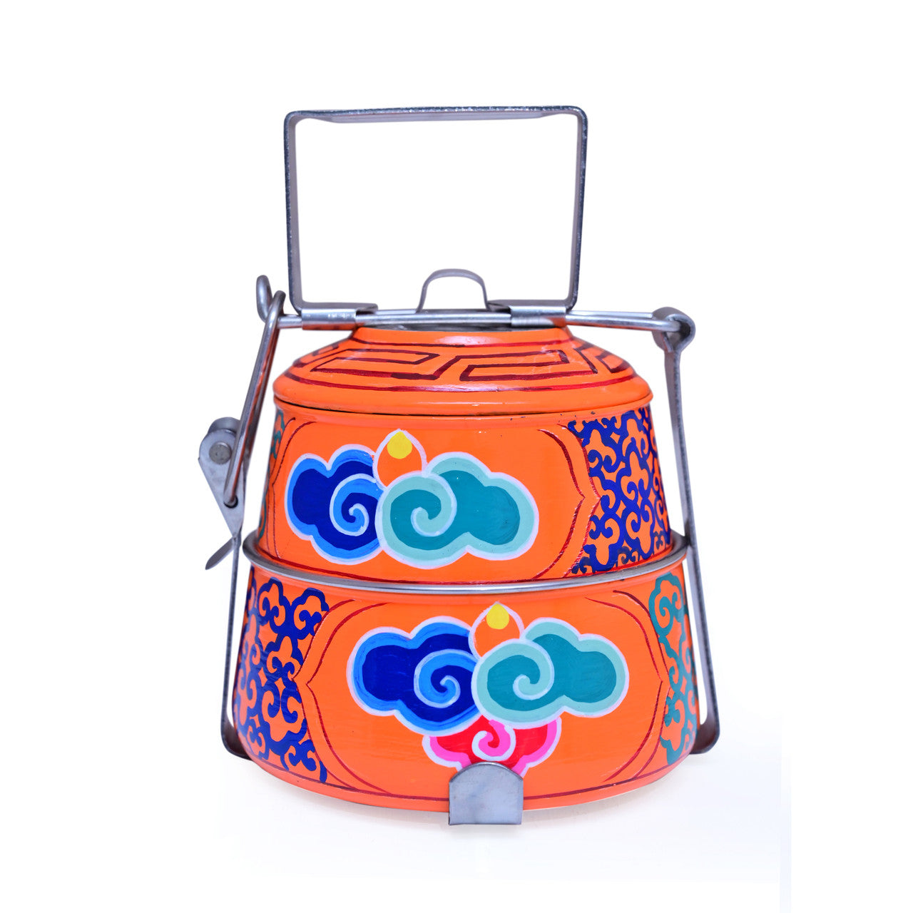 Hand-Painted 2-Tier Stainless Steel Lunch Box – orange color Floral Design Eco-Friendly & Artistic Food Carrier