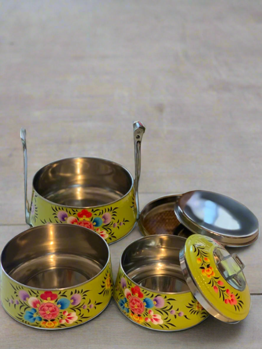 Hand-Painted 3-Tier Stainless Steel Lunch Box – green color Floral Design Eco-Friendly & Artistic Food Carrier
