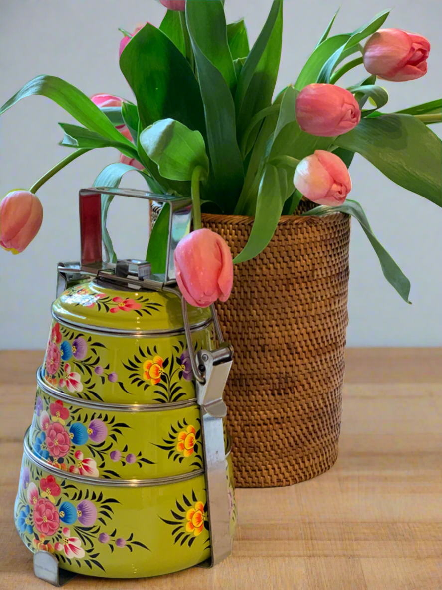 Hand-Painted 3-Tier Stainless Steel Lunch Box – green color Floral Design Eco-Friendly & Artistic Food Carrier