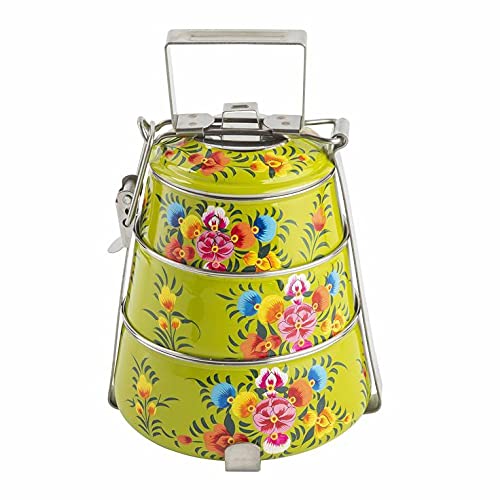 Hand-Painted 3-Tier Stainless Steel Lunch Box – green color Floral Design Eco-Friendly & Artistic Food Carrier