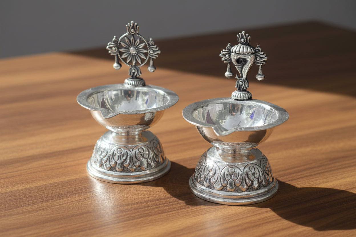 German Silver Shanku Chakra Diya – Auspicious Housewarming Pooja Lamp for Prosperity, Protection & Positive Energy