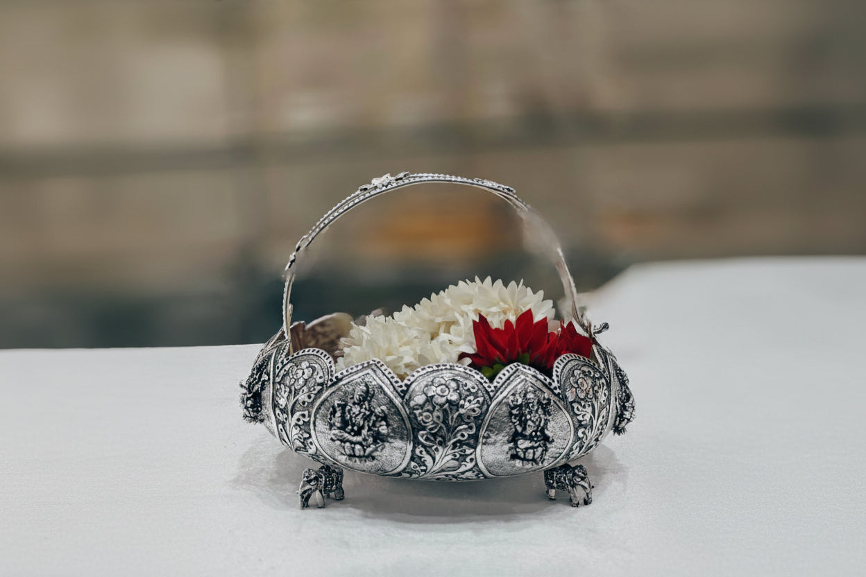 german silver 11" fully carved astha lakshmi basket for home décor