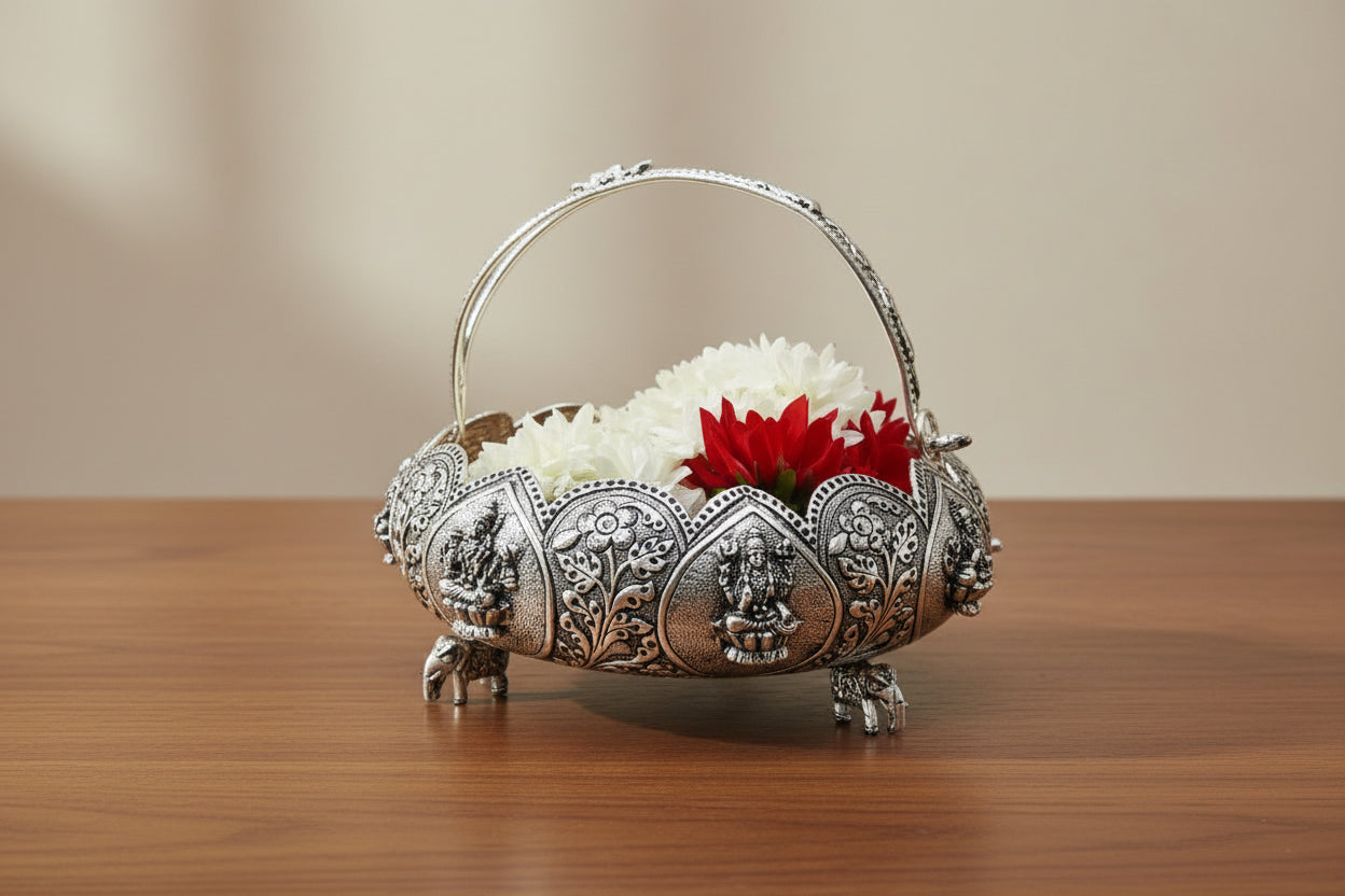 german silver 11" fully carved astha lakshmi basket for home décor