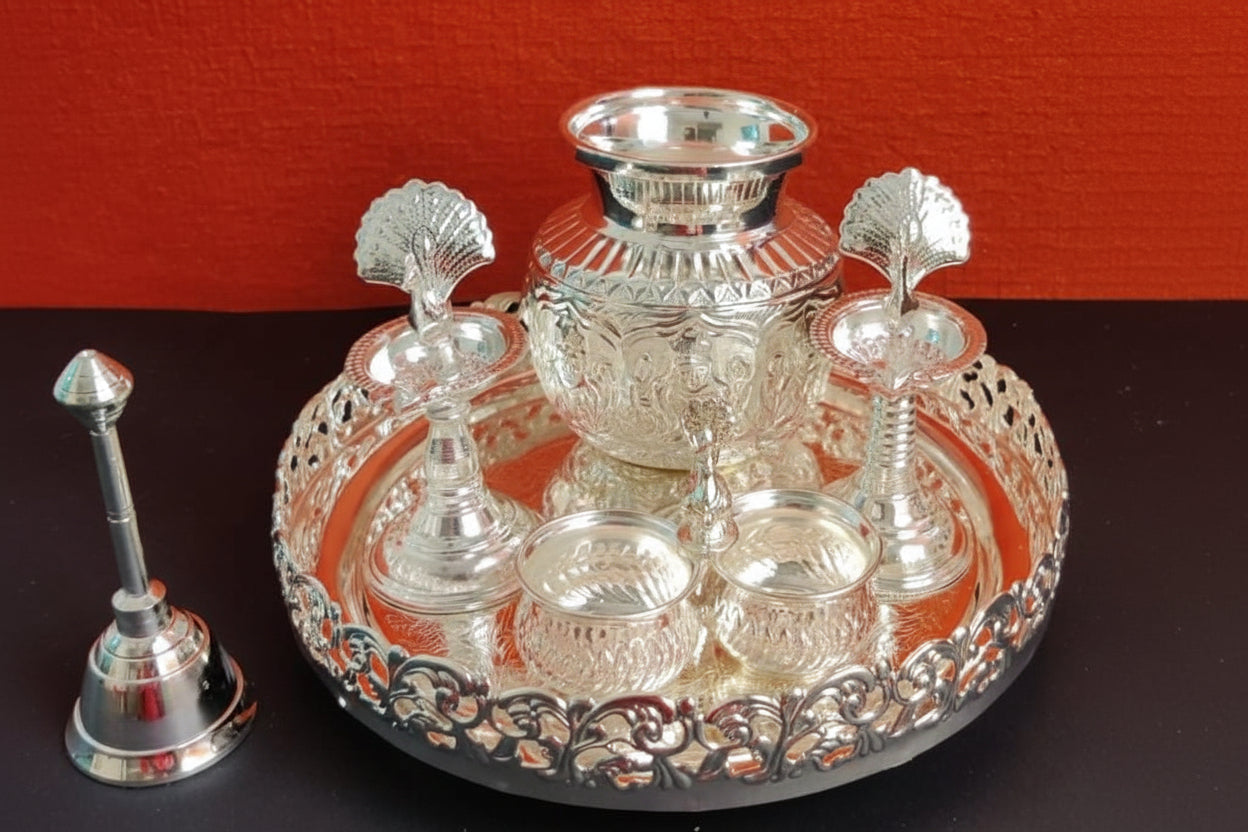 German Silver Pooja Thali Set – 6 Pieces  Traditional Indian Prayer Plate for Festivals & Gifting