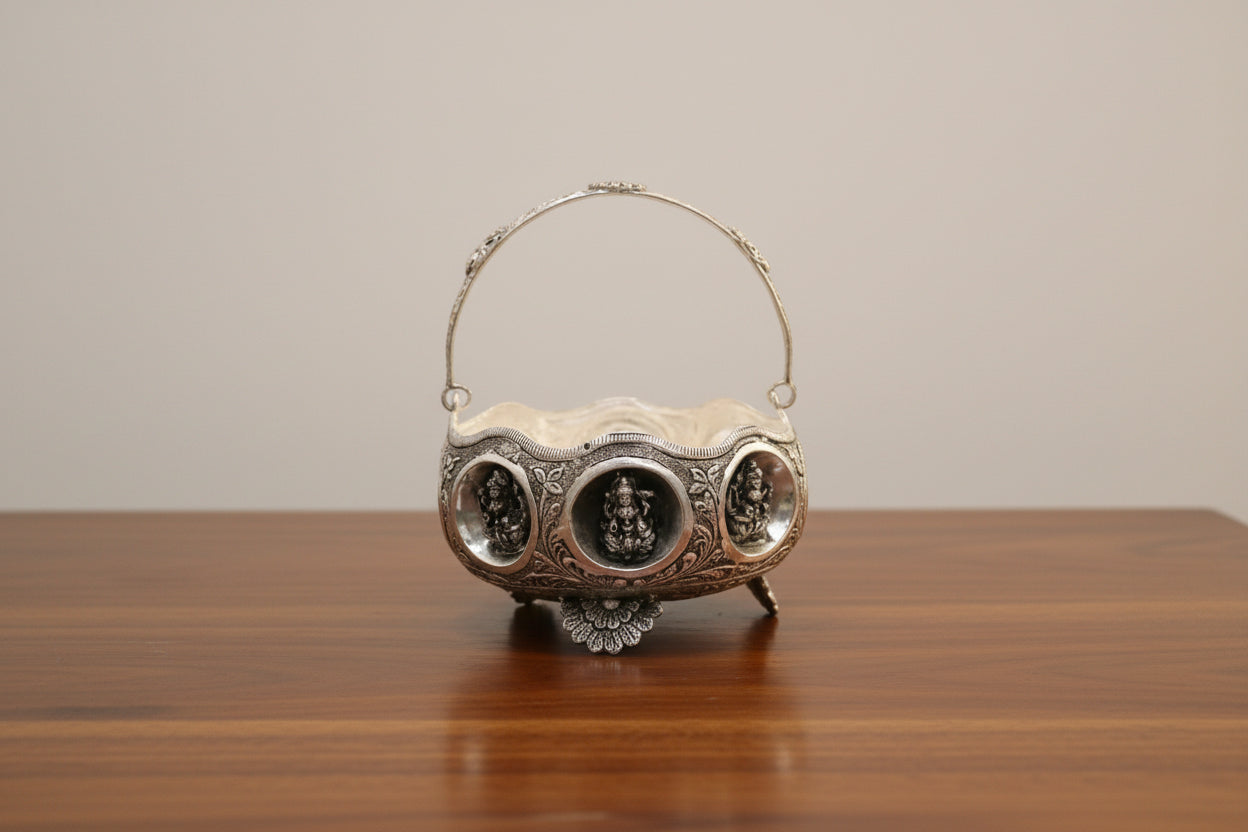 German Silver Lakshmi Basket  Traditional Home Décor, Pooja Accessory & Auspicious Gift for Housewarming