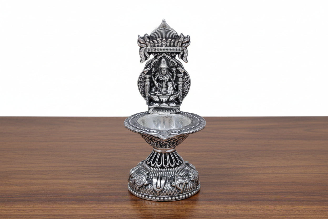German Silver Antique-Style Lakshmi Diya Pair  Auspicious Housewarming & Pooja Gift