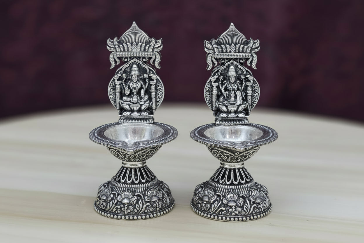 German Silver Antique-Style Lakshmi Diya Pair  Auspicious Housewarming & Pooja Gift