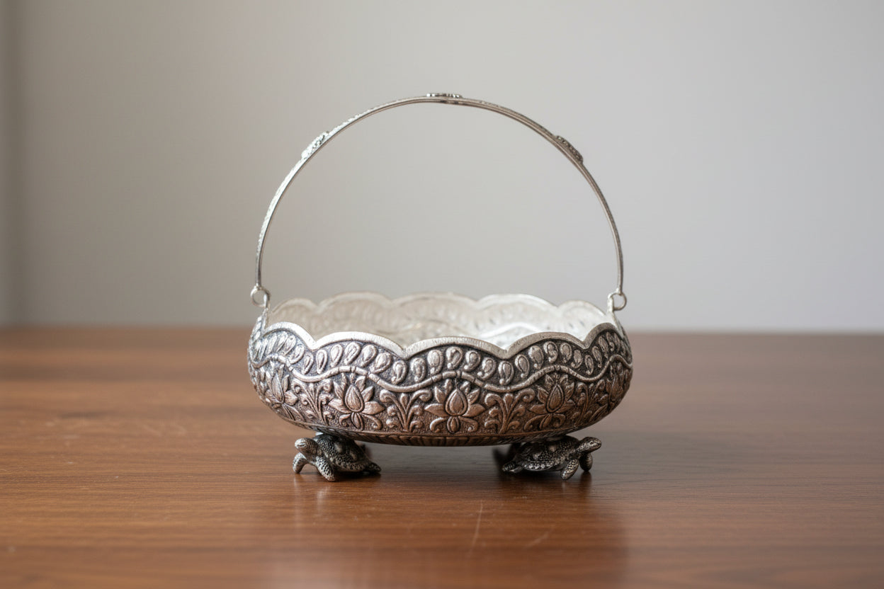 German Silver Tortoise-Leg Flower Basket  Elegant Home Décor & Auspicious Gift Item