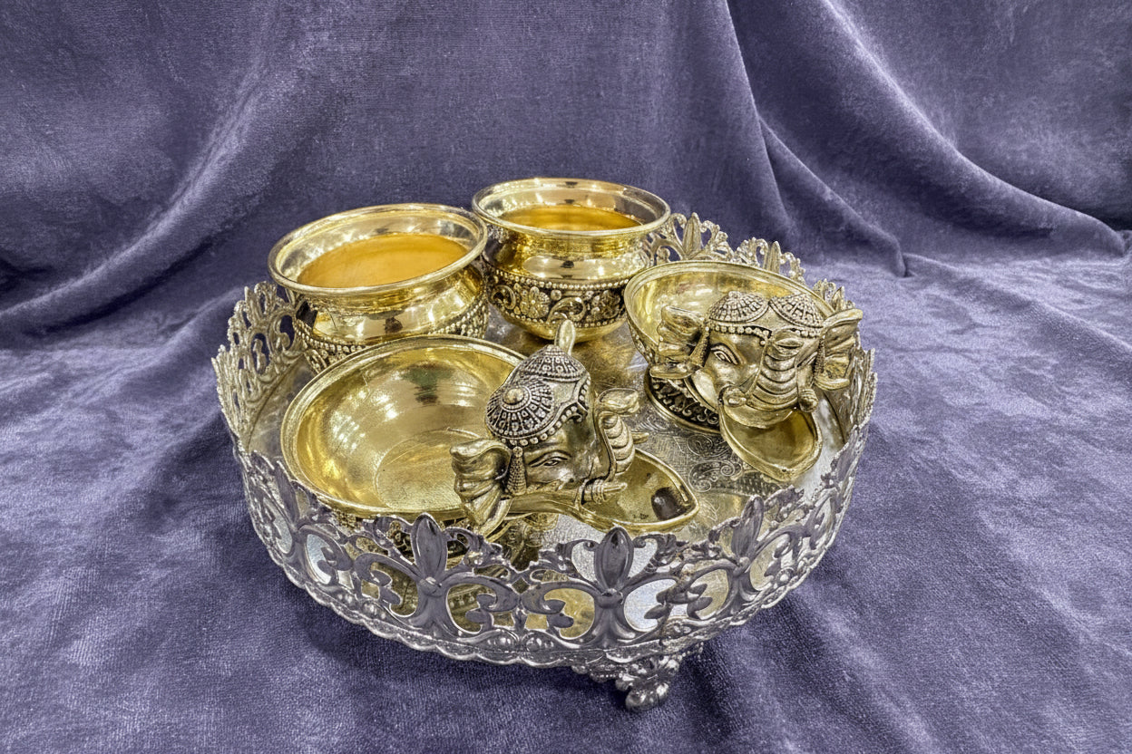 German Silver Flower Tray with 2 Bowls & Elephant Diyas  Elegant Home Décor & Pooja Gift