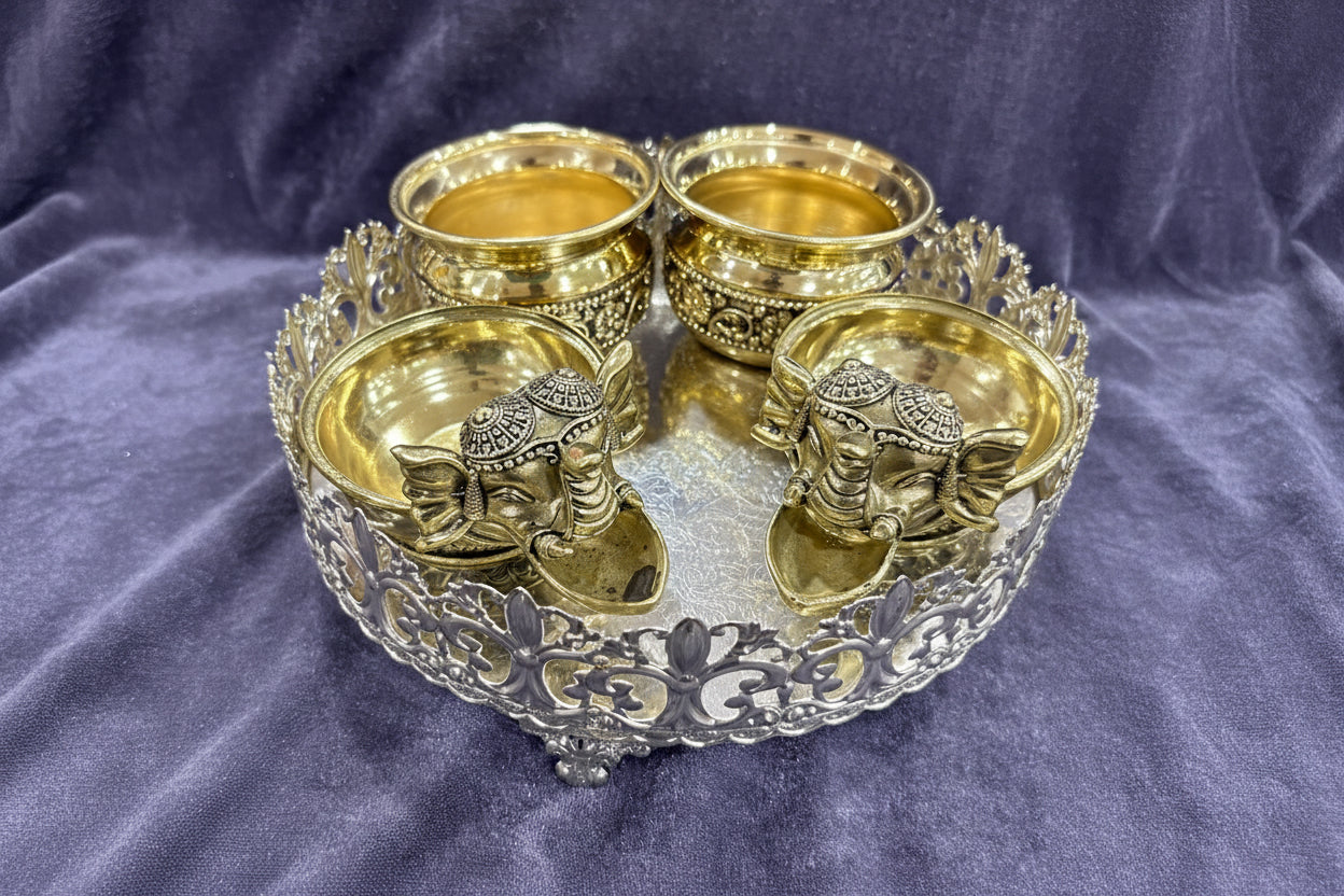 German Silver Flower Tray with 2 Bowls & Elephant Diyas  Elegant Home Décor & Pooja Gift