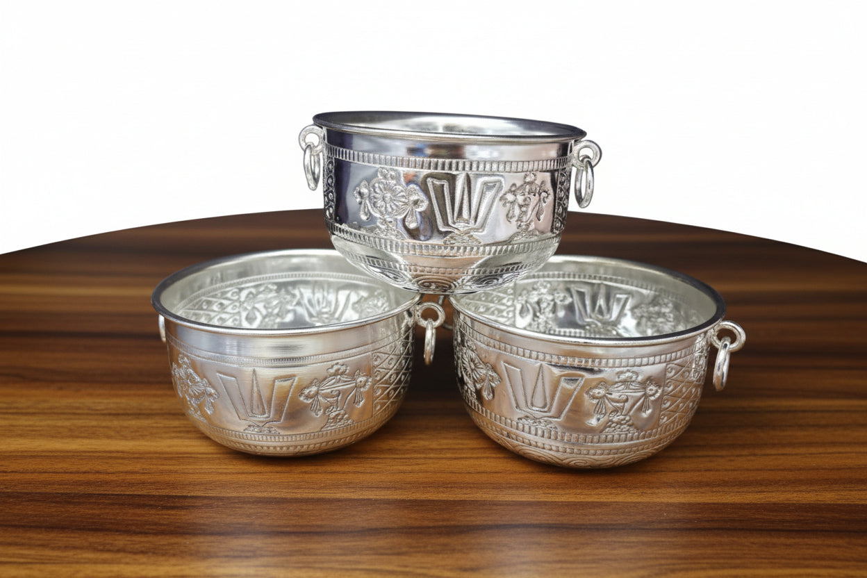 German Silver Govinda Nama Bowls – Set of 10  Elegant Sweet Serving & Auspicious Housewarming Pooja Gift