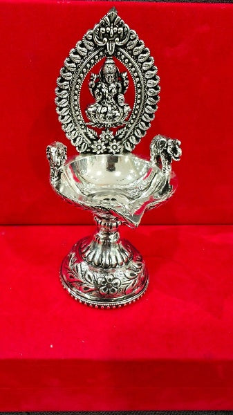 Silver Plated Antique Finish Lakshmi Diya with Elephants Pair Set , 6" Height for Diwali