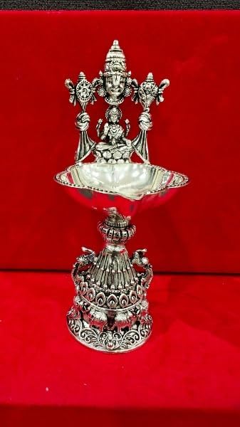 silver plated Balaji with Lakshmi shanku chakra Diya pair set