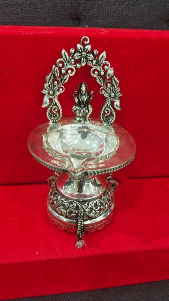 Silver Plated Antique Finish Lakshmi Diya with Peacocks in Base Pair Diya Set for Diwali