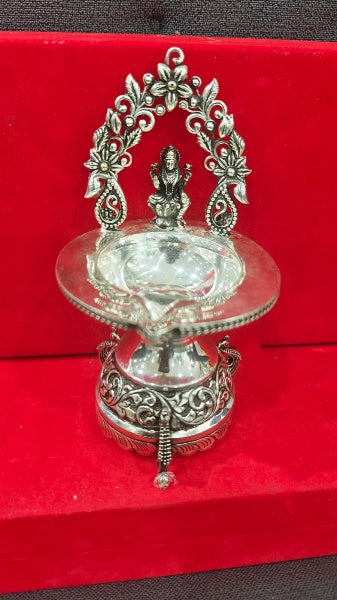 Silver Plated Antique Finish Lakshmi Diya with Peacocks in Base Pair Diya Set for Diwali