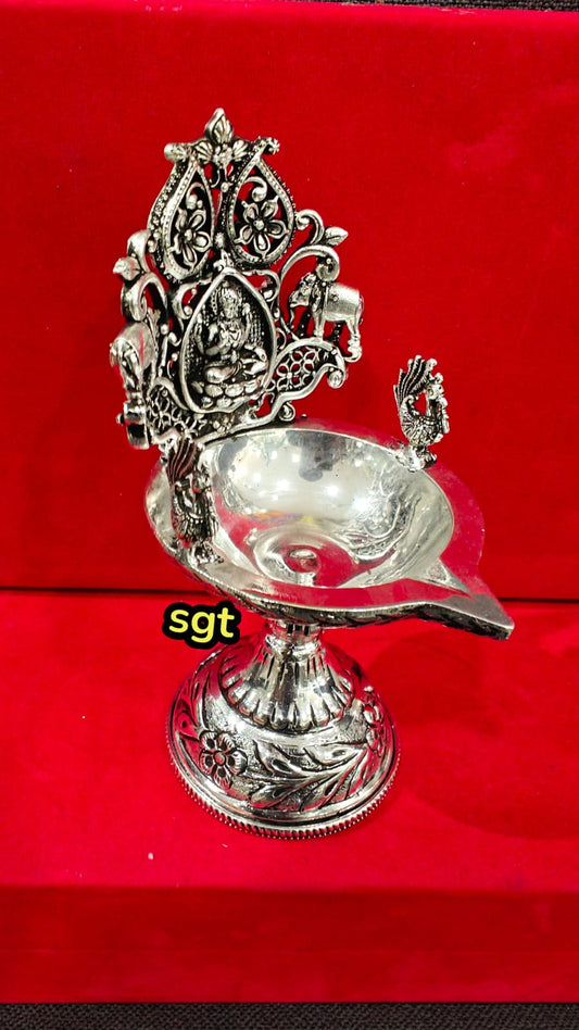 silver plated Lakshmi with elephant and peacock pair Diya set