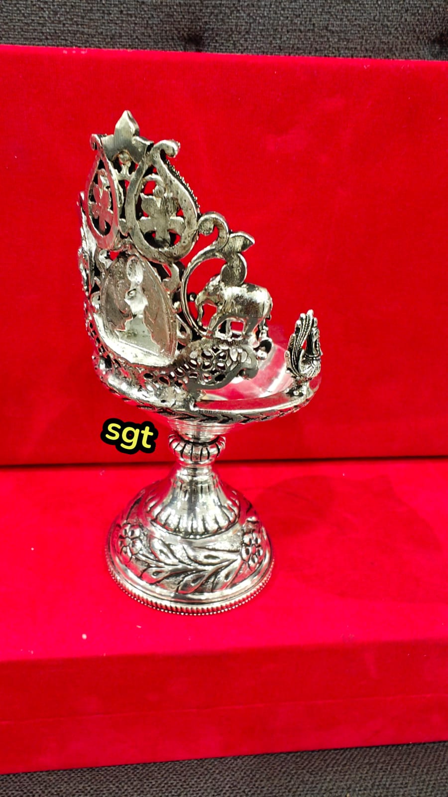 Silver Plated Antique Finish Lakshmi with Elephant and Peacock Motif Design Pair Diya Set