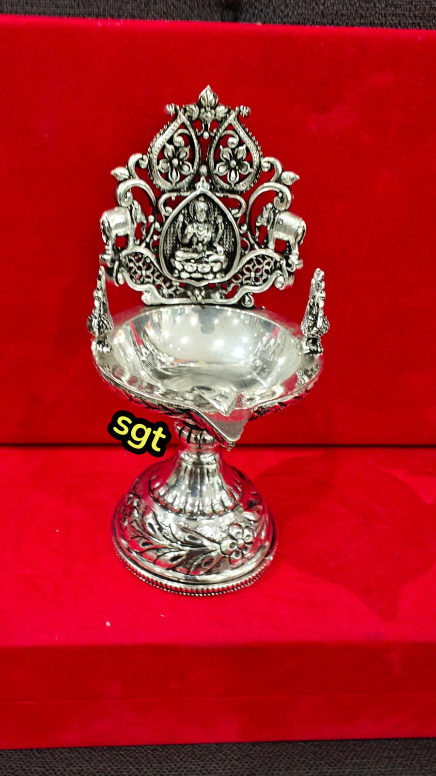 Silver Plated Antique Finish Lakshmi with Elephant and Peacock Motif Design Pair Diya Set