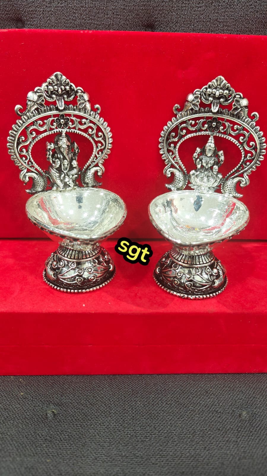 Silver Plated Antique Finish Lakshmi Ganesh Diya Pair Set for Diwali Pooja/ Home décor