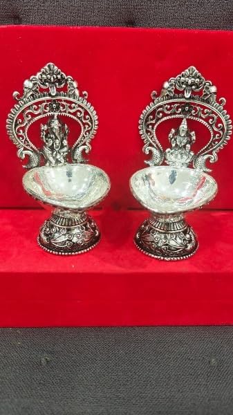 Silver Plated Antique Finish Lakshmi Ganesh Diya Pair Set for Diwali Pooja/ Home décor