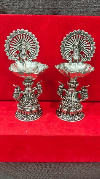 Silver Plated Antique Finish Dancing Peacock Diya with Elephant Motifs for Diwali Pooja