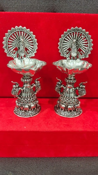 Silver Plated Antique Finish Dancing Peacock Diya with Elephant Motifs for Diwali Pooja