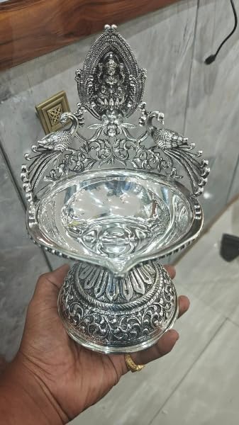 Silver Plated Antique Finish Big Size Lakshmi Diya with Peacocks for Diwali/ Gift Item