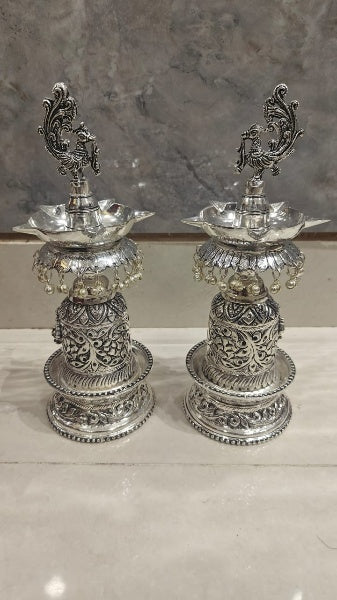 Silver Plated Antique Finish Fully Carved Peacock Diya Pair Set , 10" Height for Diwali