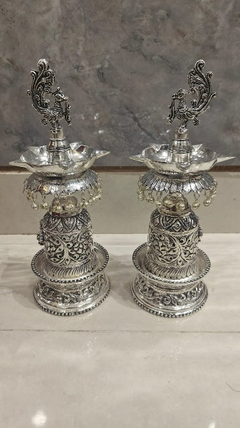 silver plated peacock Diya pair set , 10" height