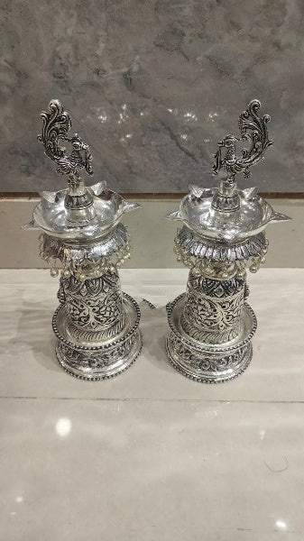Silver Plated Antique Finish Fully Carved Peacock Diya Pair Set , 10" Height for Diwali