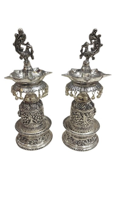 Silver Plated Antique Finish Fully Carved Peacock Diya Pair Set , 10" Height for Diwali