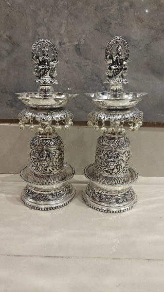Silver Plated Antique Finish Fully Carved Lakshmi Diya Pair Set , 10" Height for Diwali