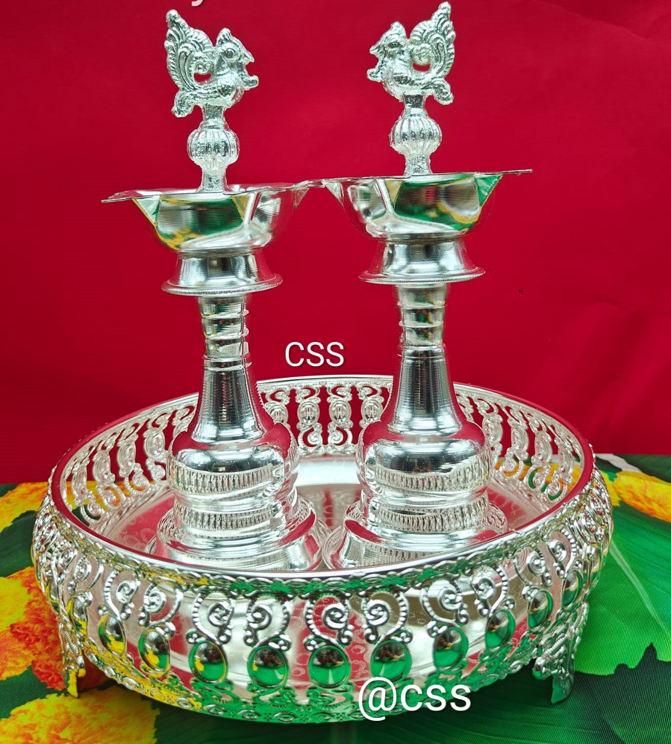 German Silver Peacock Diya with Tray for Diwali/ Housewarming Pooja