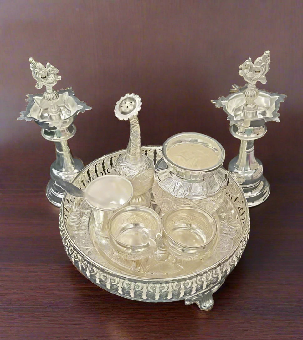 pure German silver pooja thali set for Diwali/housewarming, set of 8 pieces