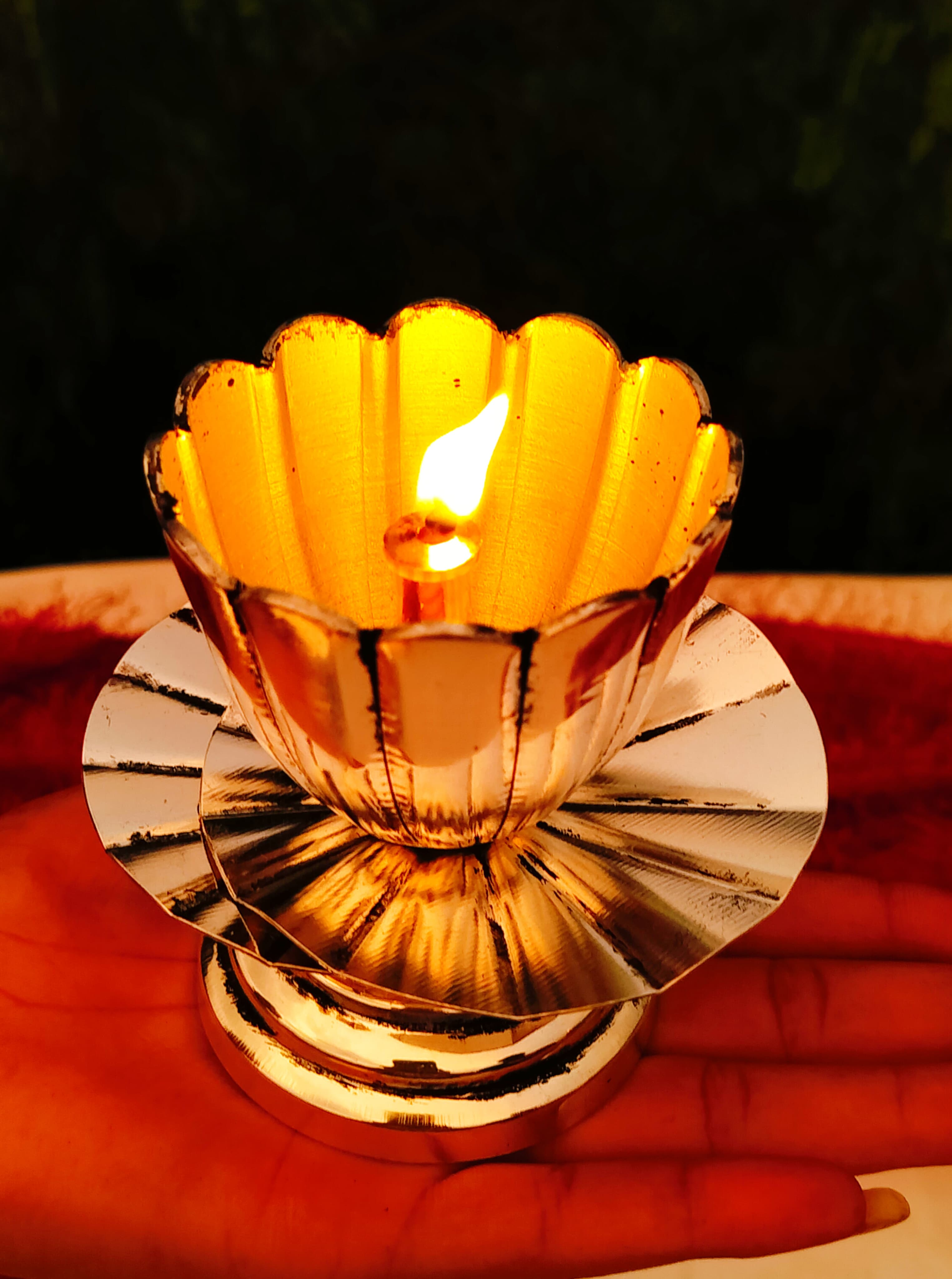 German Silver Set of 2 Antique German Silver Lotus akhand Diya with Double Lotus Petals