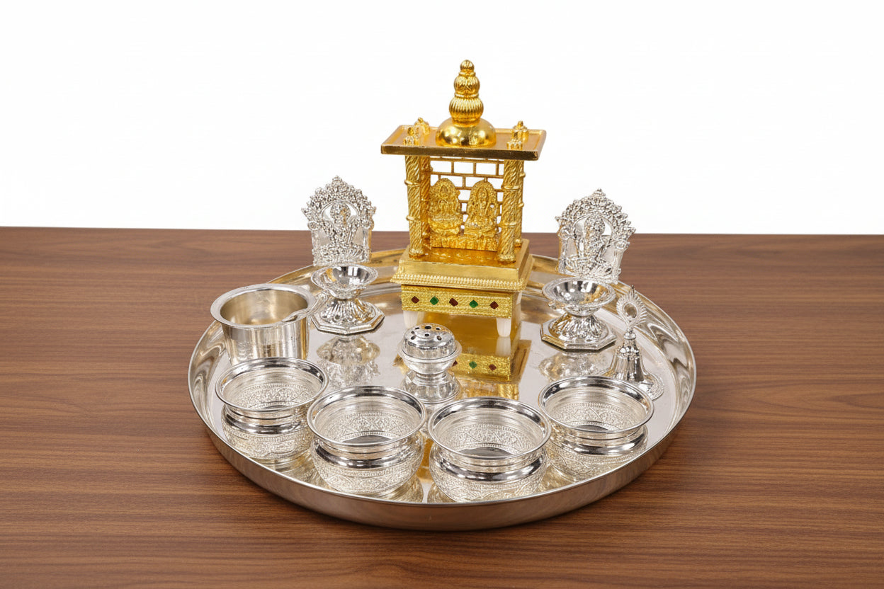 German Silver Combo Pooja thali Set with Lakshmi Ganesh Temple