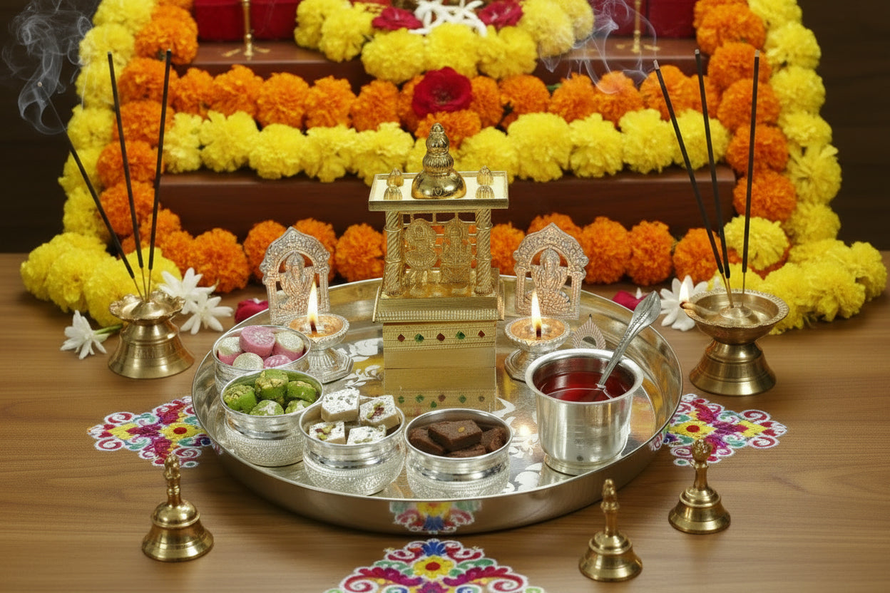 German Silver Combo Pooja thali Set with Lakshmi Ganesh Temple