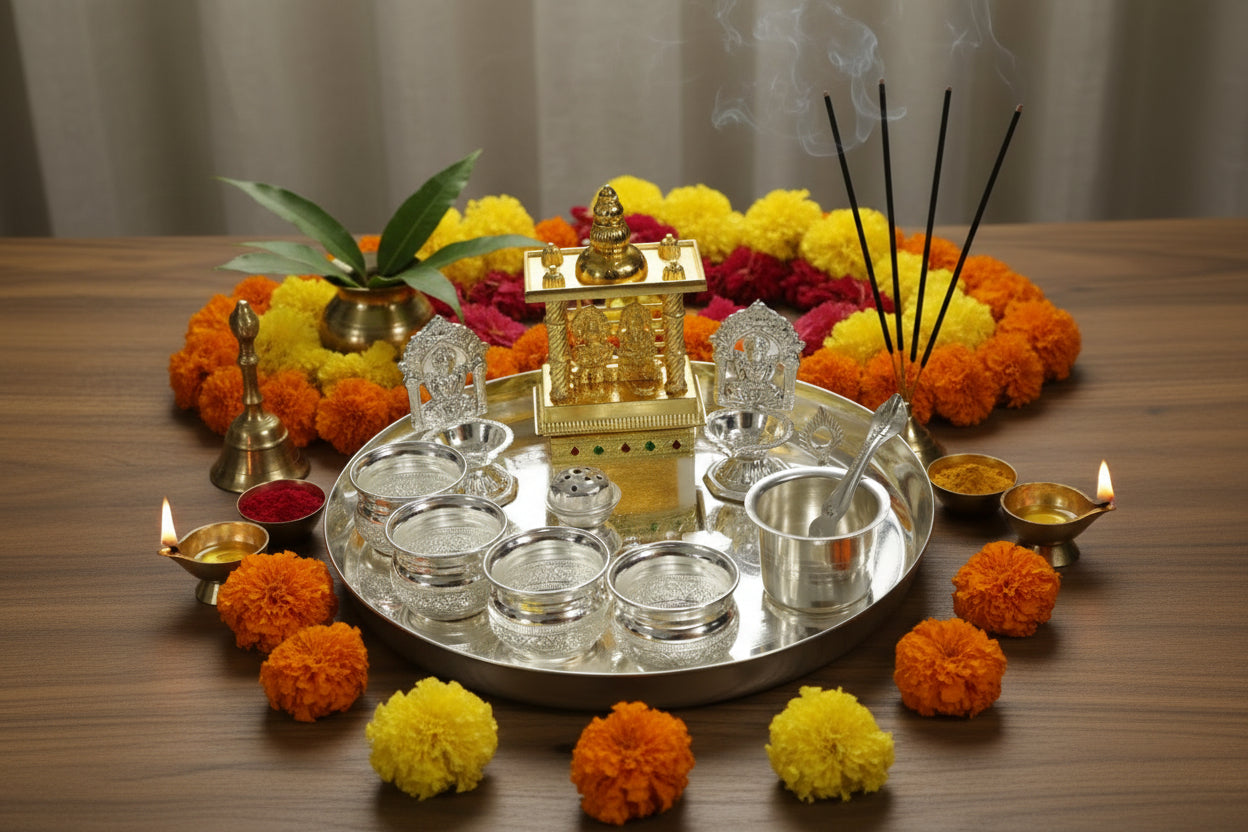German Silver Combo Pooja thali Set with Lakshmi Ganesh Temple