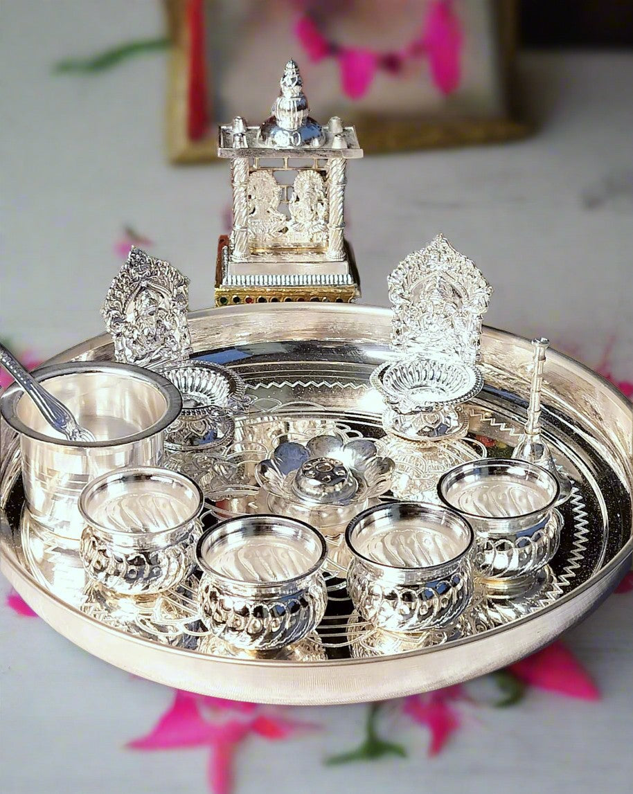 German Silver Combo Pooja thali Set with Lakshmi Ganesh Temple