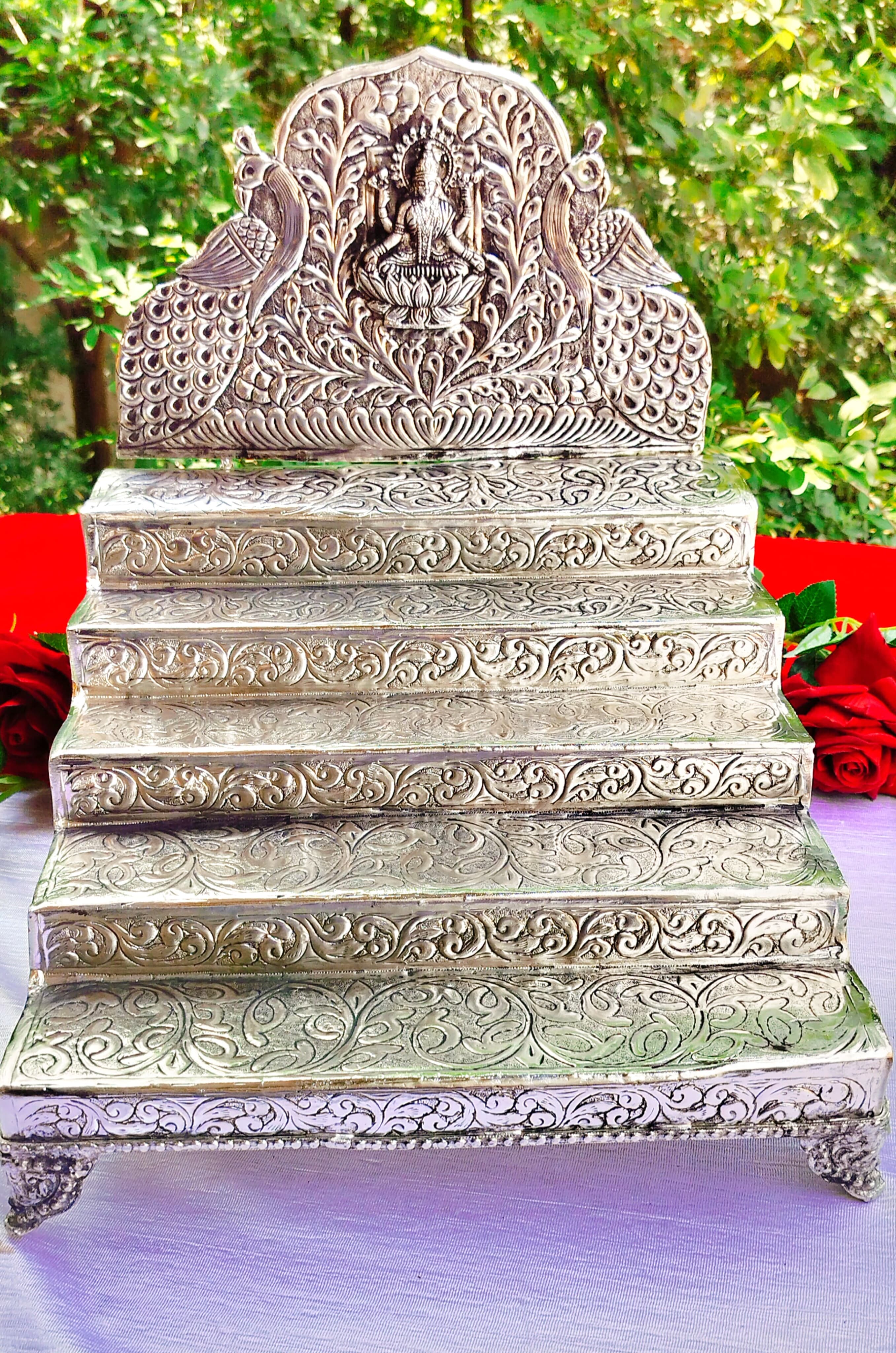 German Silver Laxmi singhasan with 5 Steps for Many Idol Temple/Gift Item